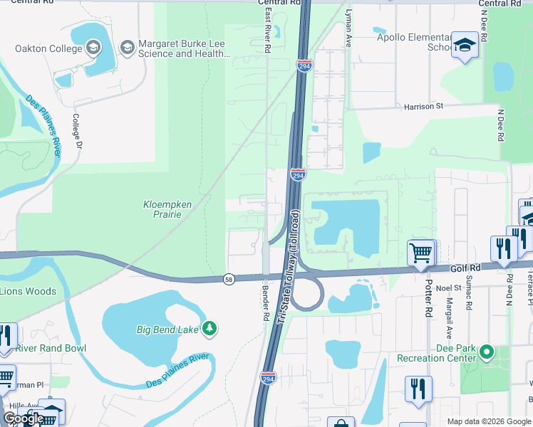 map of restaurants, bars, coffee shops, grocery stores, and more near 160 East River Road in Des Plaines