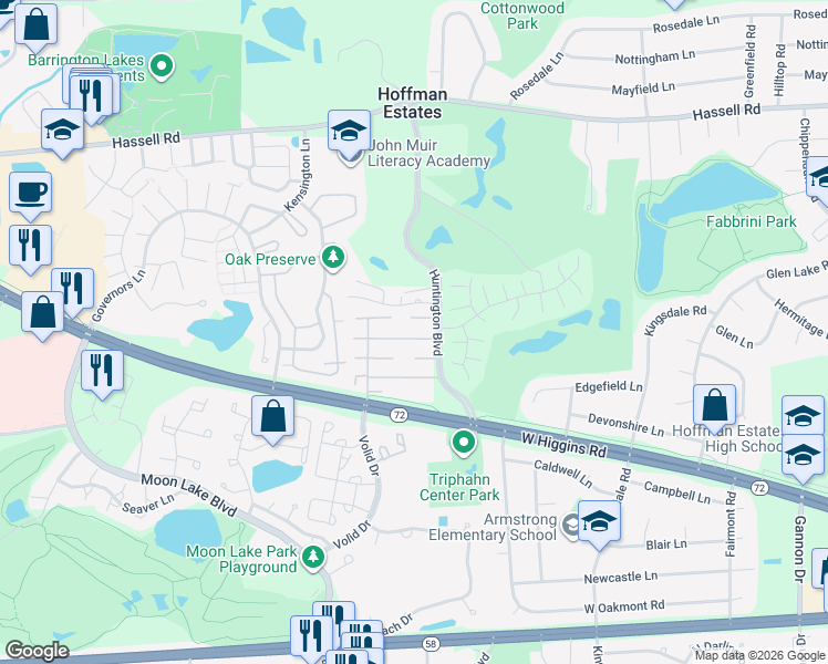 map of restaurants, bars, coffee shops, grocery stores, and more near 1704 Fayette Walk in Hoffman Estates