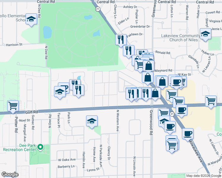 map of restaurants, bars, coffee shops, grocery stores, and more near 8828 North Leslie Lane in Des Plaines