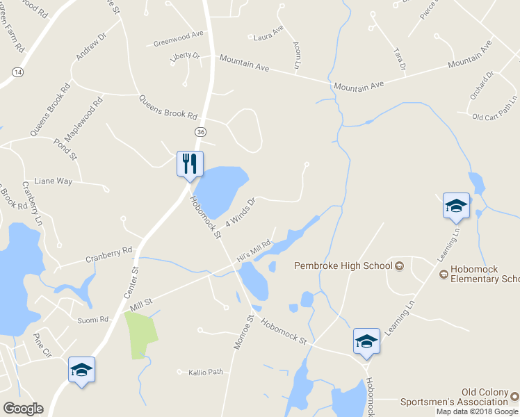 map of restaurants, bars, coffee shops, grocery stores, and more near 33 4 Winds Drive in Pembroke