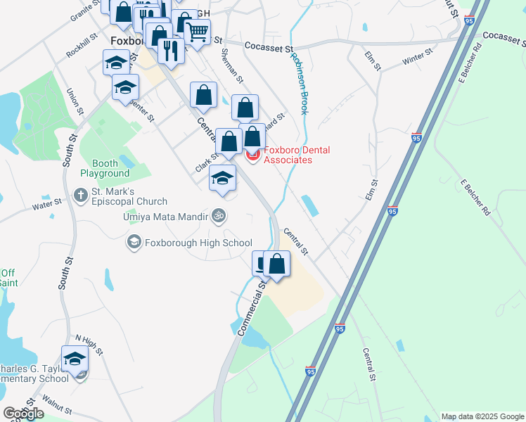 map of restaurants, bars, coffee shops, grocery stores, and more near 154 Central Street in Foxborough