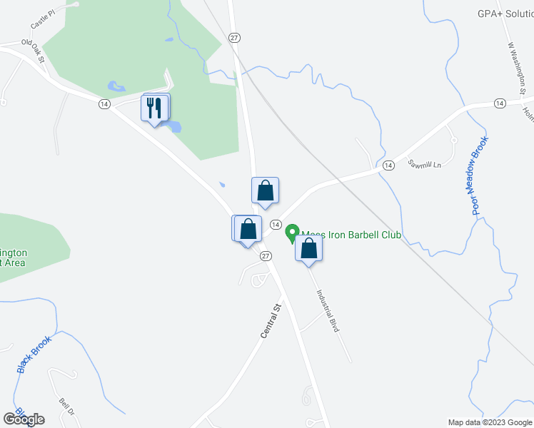 map of restaurants, bars, coffee shops, grocery stores, and more near 1074 West Washington Street in Hanson