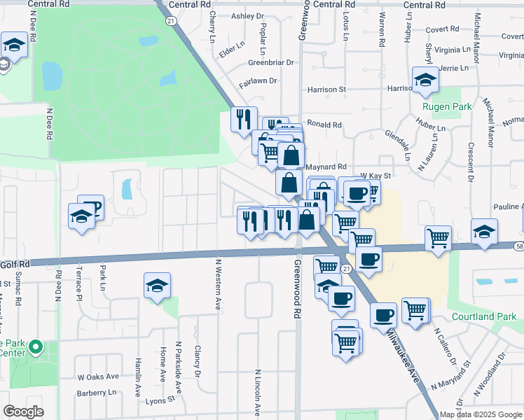 map of restaurants, bars, coffee shops, grocery stores, and more near 8657 Gregory Lane in Des Plaines