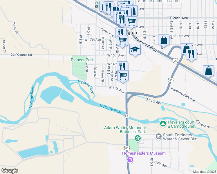 map of restaurants, bars, coffee shops, grocery stores, and more near 1100 West B Street in Torrington