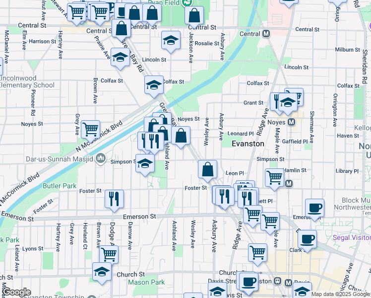 map of restaurants, bars, coffee shops, grocery stores, and more near 2148 Green Bay Road in Evanston