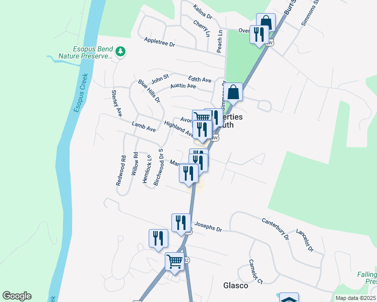 map of restaurants, bars, coffee shops, grocery stores, and more near 16 Highland Avenue in Saugerties