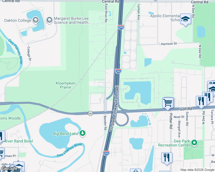 map of restaurants, bars, coffee shops, grocery stores, and more near 183 East River Road in Des Plaines