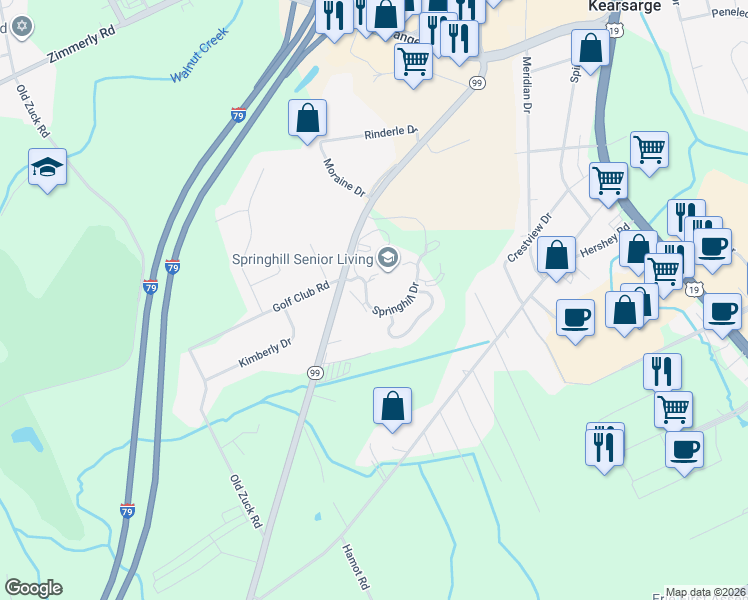 map of restaurants, bars, coffee shops, grocery stores, and more near 2323 Edinboro Road in Erie