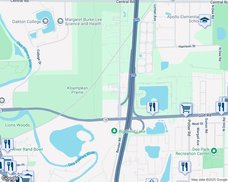 map of restaurants, bars, coffee shops, grocery stores, and more near 160 East River Road in Des Plaines