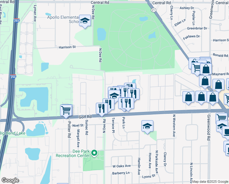 map of restaurants, bars, coffee shops, grocery stores, and more near 9074 Terrace Drive in Niles