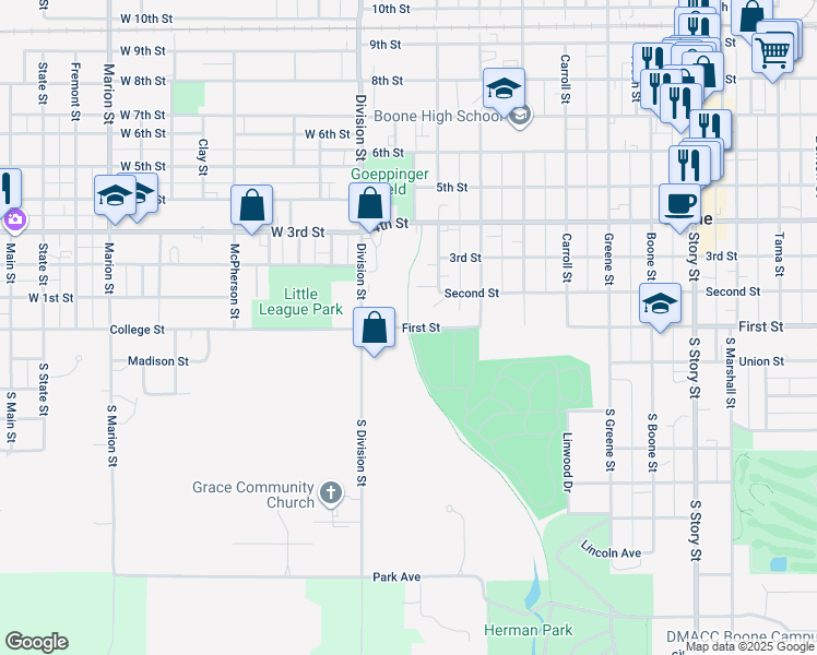 map of restaurants, bars, coffee shops, grocery stores, and more near 301 1st Street in Boone