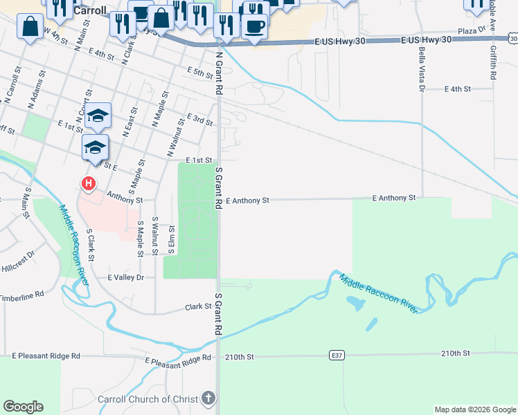 map of restaurants, bars, coffee shops, grocery stores, and more near 401-781 East Anthony Street in Carroll