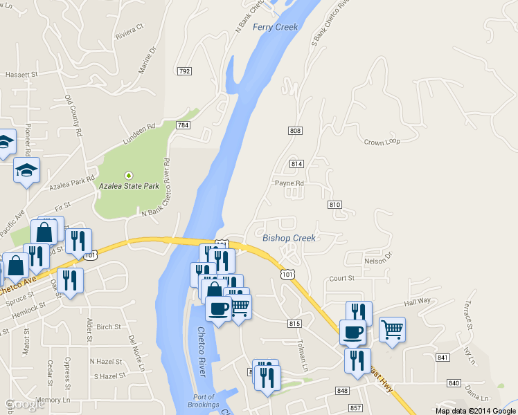 map of restaurants, bars, coffee shops, grocery stores, and more near 97790 S Bank Chetco River Rd in Brookings