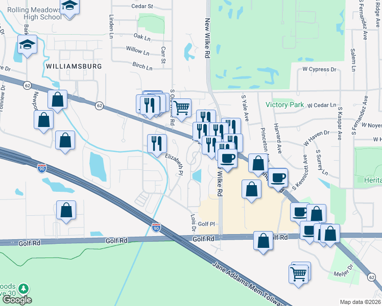 map of restaurants, bars, coffee shops, grocery stores, and more near 5400 Astor Lane in Rolling Meadows