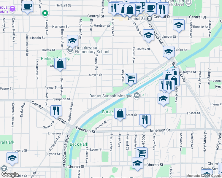 map of restaurants, bars, coffee shops, grocery stores, and more near 2141 Hartrey Avenue in Evanston