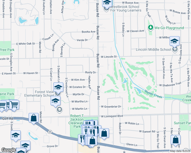 map of restaurants, bars, coffee shops, grocery stores, and more near 502 Busse Road in Mount Prospect