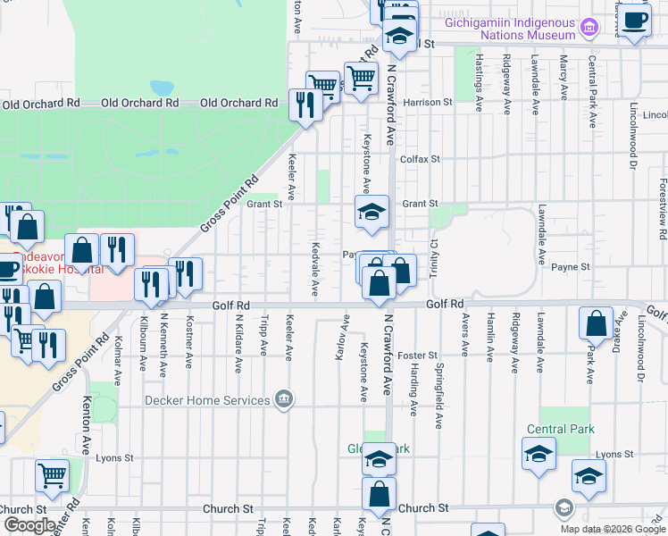 map of restaurants, bars, coffee shops, grocery stores, and more near 9657 Kedvale Avenue in Skokie