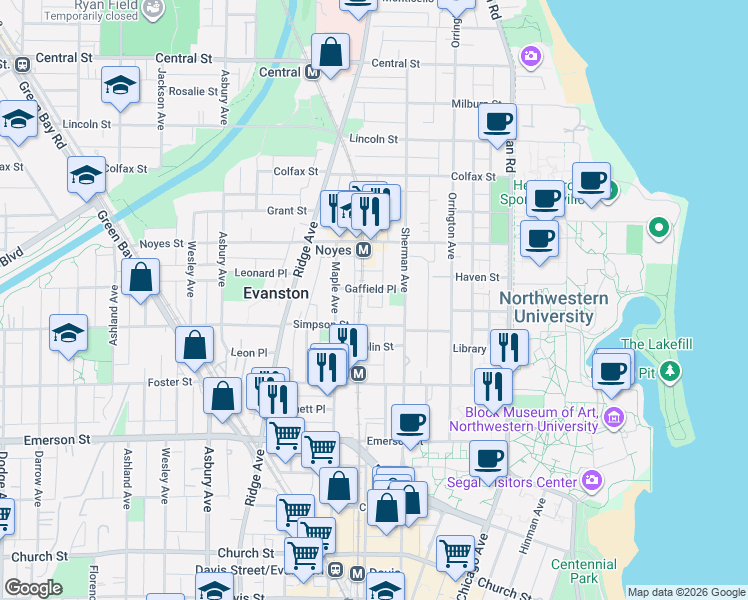 map of restaurants, bars, coffee shops, grocery stores, and more near 815 Gaffield Place in Evanston