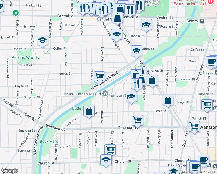 map of restaurants, bars, coffee shops, grocery stores, and more near 2148 Dodge Avenue in Evanston