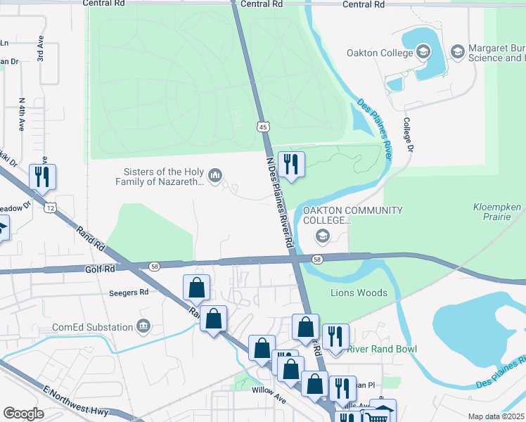 map of restaurants, bars, coffee shops, grocery stores, and more near 150 North River Road in Des Plaines