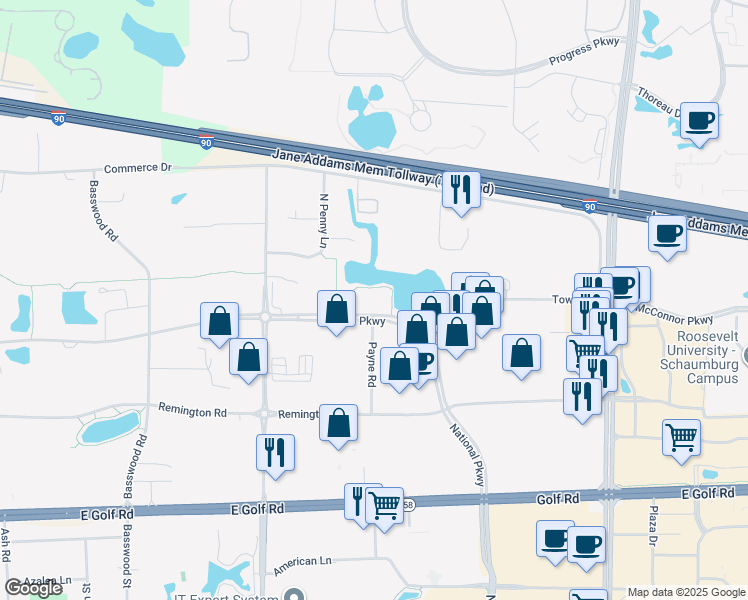 map of restaurants, bars, coffee shops, grocery stores, and more near 1000 East State Parkway in Schaumburg