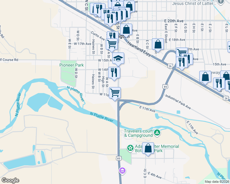 map of restaurants, bars, coffee shops, grocery stores, and more near 1399 W A St in Torrington