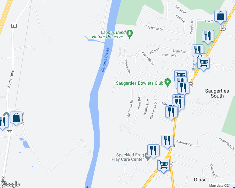 map of restaurants, bars, coffee shops, grocery stores, and more near 9 Skyline Drive in Saugerties