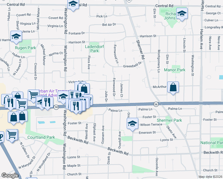 map of restaurants, bars, coffee shops, grocery stores, and more near 106 Fernwood Drive in Glenview