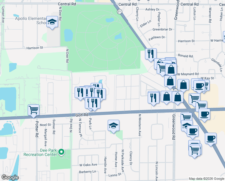 map of restaurants, bars, coffee shops, grocery stores, and more near 9646 Golf Terrace in Des Plaines