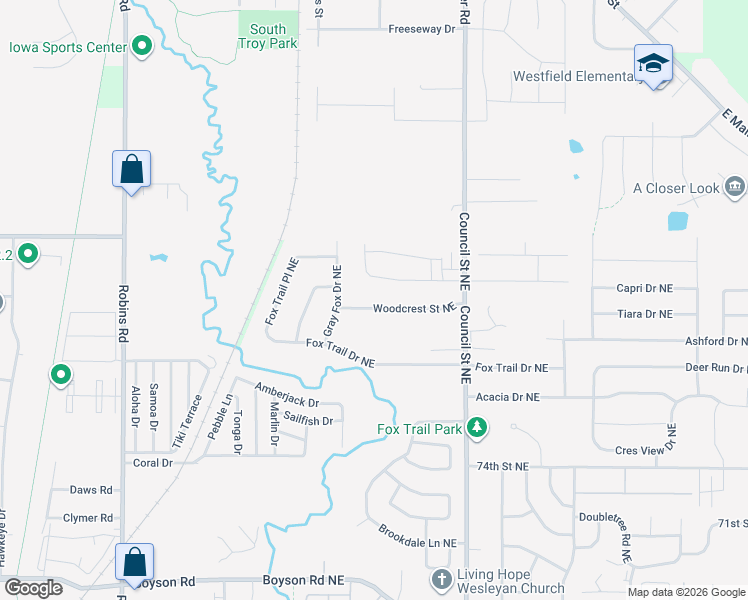 map of restaurants, bars, coffee shops, grocery stores, and more near 1712 Woodcrest Street Northeast in Cedar Rapids