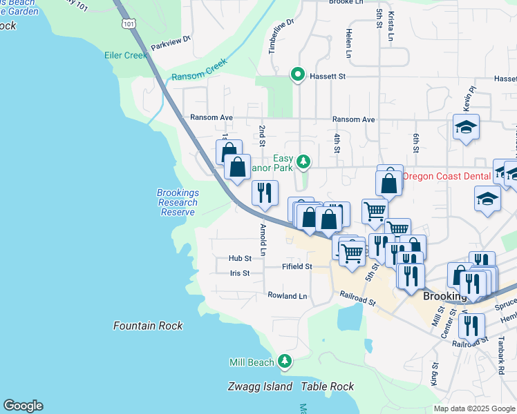 map of restaurants, bars, coffee shops, grocery stores, and more near 1210 Chetco Avenue in Brookings
