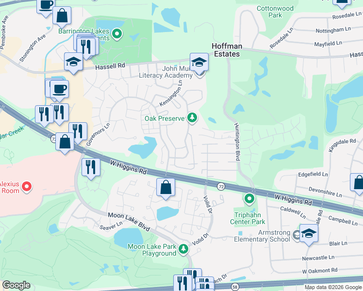 map of restaurants, bars, coffee shops, grocery stores, and more near 1798 Abbey Wood Drive in Hoffman Estates