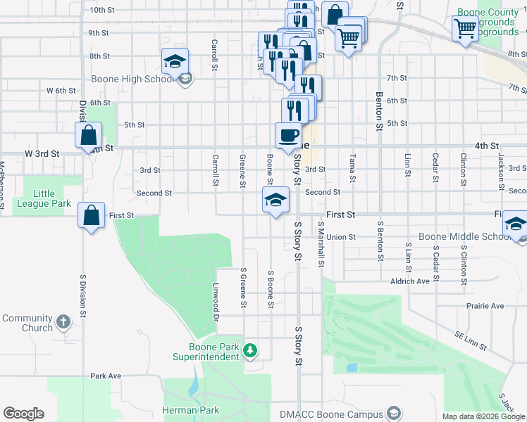 map of restaurants, bars, coffee shops, grocery stores, and more near 101-199 Boone St in Boone