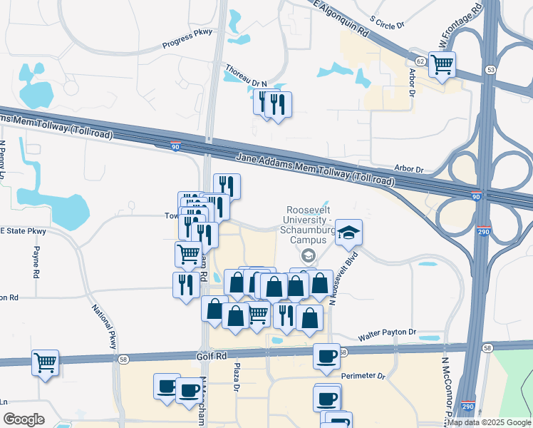 map of restaurants, bars, coffee shops, grocery stores, and more near 1550 McConnor Parkway in Schaumburg