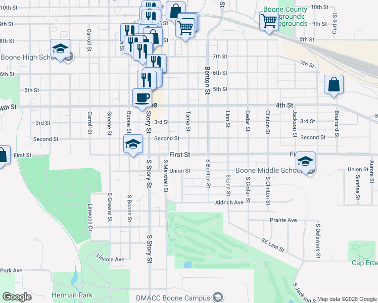 map of restaurants, bars, coffee shops, grocery stores, and more near 116 Tama Street in Boone