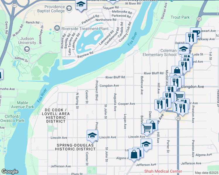 map of restaurants, bars, coffee shops, grocery stores, and more near 355 Congdon Avenue in Elgin