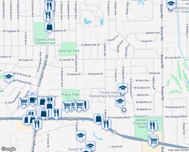 map of restaurants, bars, coffee shops, grocery stores, and more near 2113 West Haven Street in Mount Prospect