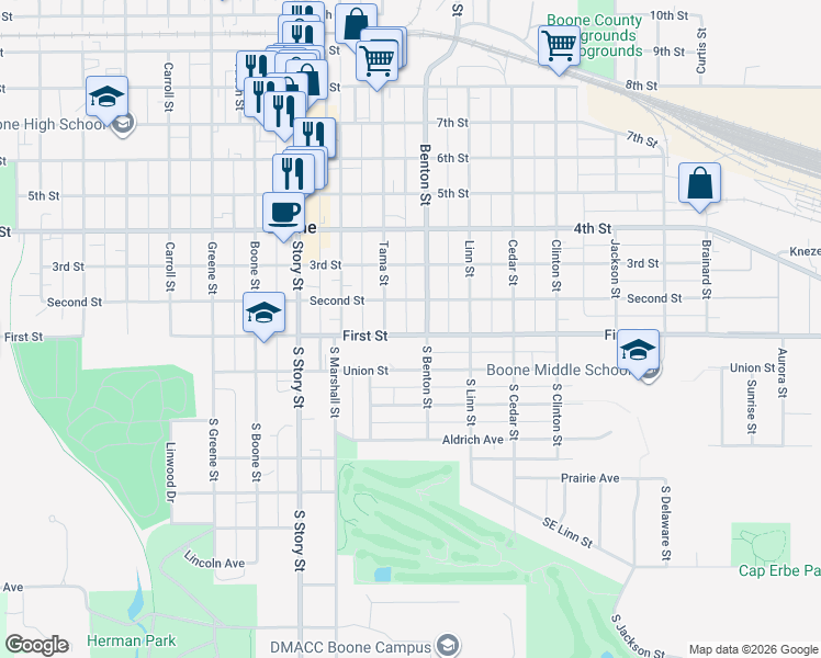 map of restaurants, bars, coffee shops, grocery stores, and more near 116 Tama Street in Boone