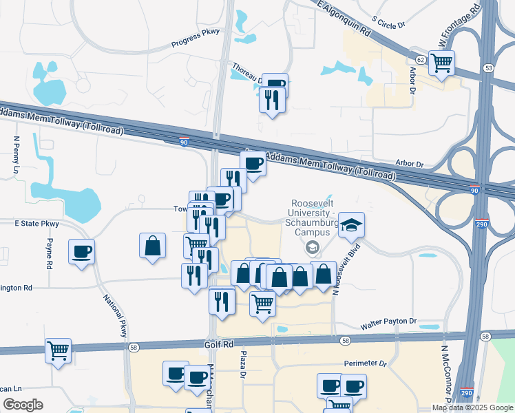 map of restaurants, bars, coffee shops, grocery stores, and more near 1528 McConnor Parkway in Schaumburg