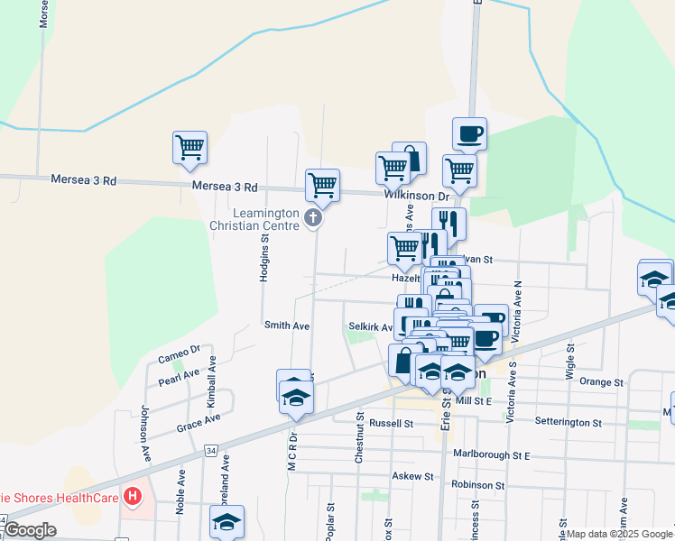 map of restaurants, bars, coffee shops, grocery stores, and more near 61 Hazelton Street in Essex County