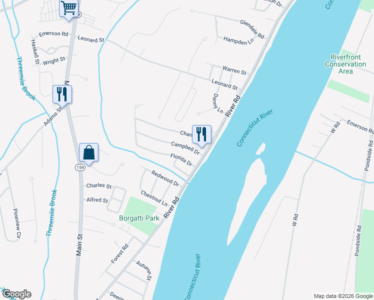 map of restaurants, bars, coffee shops, grocery stores, and more near 45 Campbell Drive in Agawam