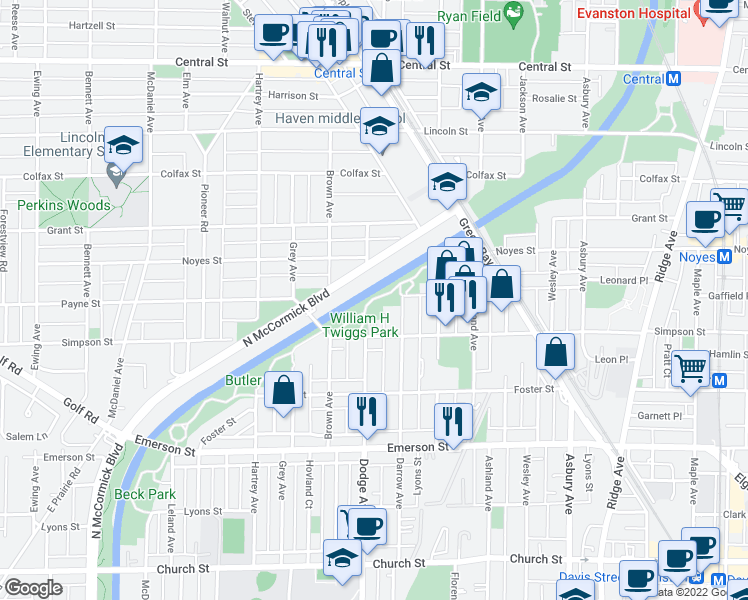 map of restaurants, bars, coffee shops, grocery stores, and more near 2148 Dodge Avenue in Evanston