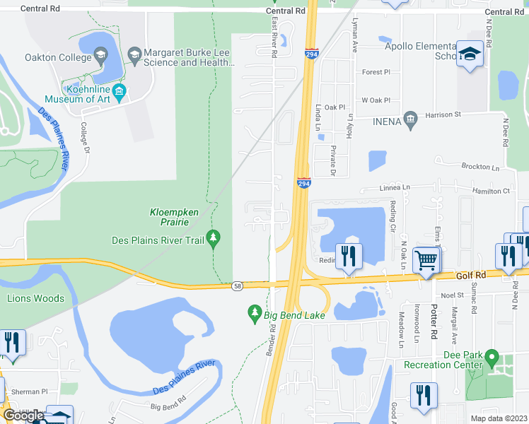 map of restaurants, bars, coffee shops, grocery stores, and more near 160 East River Road in Des Plaines