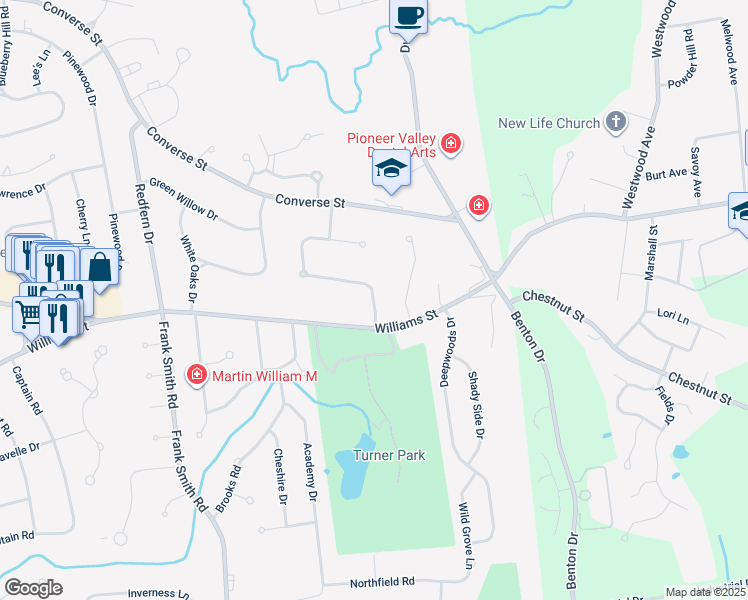 map of restaurants, bars, coffee shops, grocery stores, and more near 36 Williamsburg Drive in Longmeadow