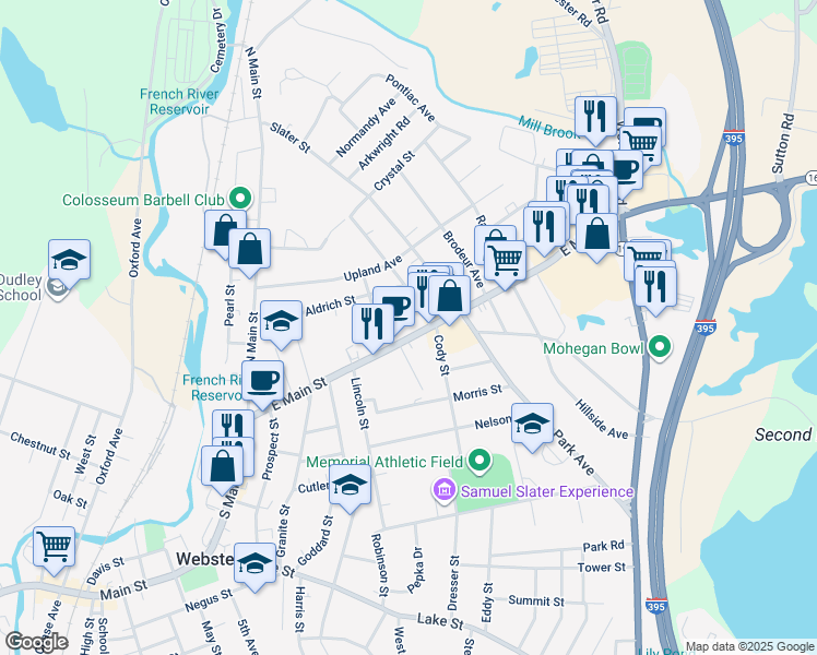 map of restaurants, bars, coffee shops, grocery stores, and more near 63 East Main Street in Webster