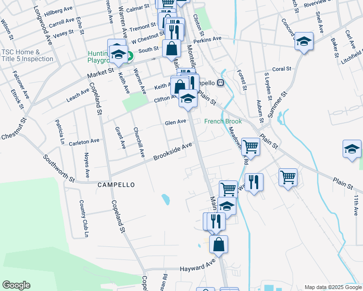 map of restaurants, bars, coffee shops, grocery stores, and more near 25 Brookside Avenue in Brockton