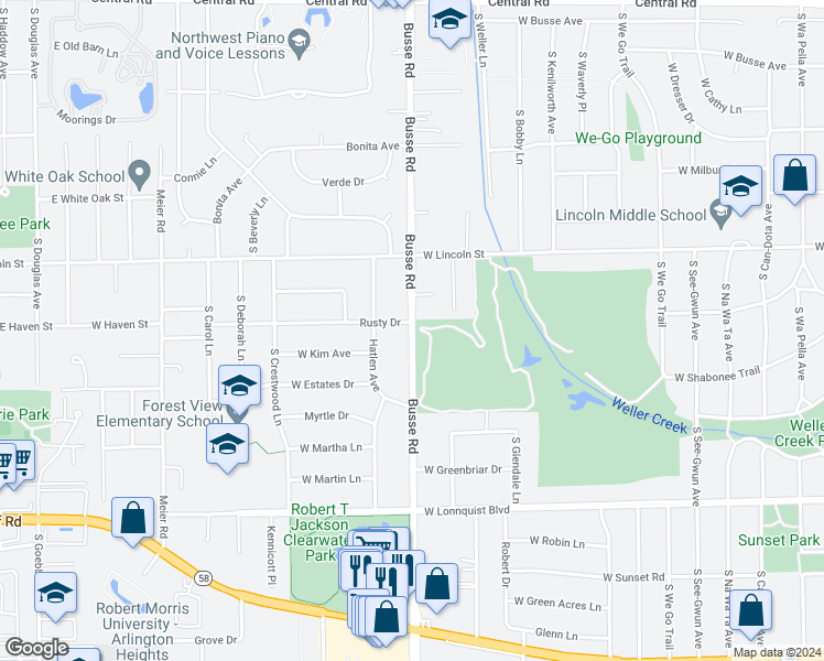 map of restaurants, bars, coffee shops, grocery stores, and more near 501 Busse Road in Mount Prospect