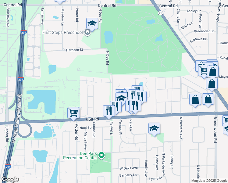 map of restaurants, bars, coffee shops, grocery stores, and more near 9701 North Dee Road in Niles
