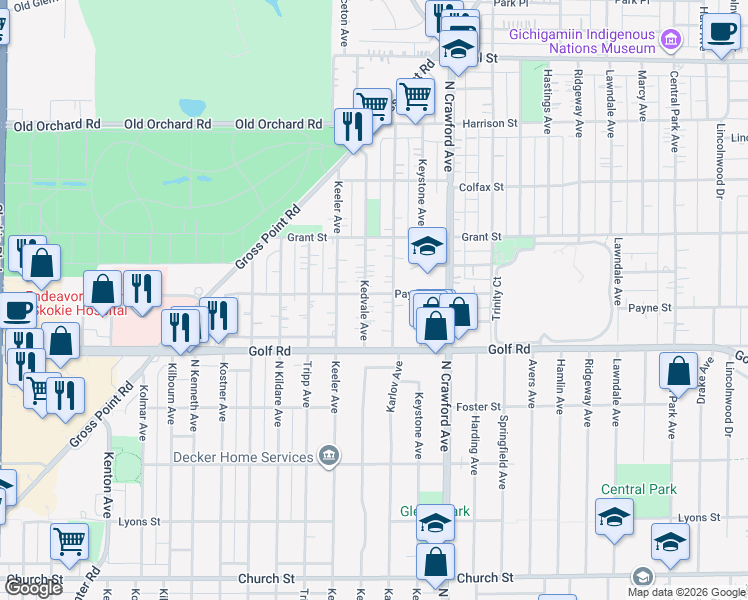 map of restaurants, bars, coffee shops, grocery stores, and more near 9657 Kedvale Avenue in Skokie