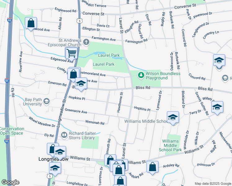 map of restaurants, bars, coffee shops, grocery stores, and more near 165 Bliss Road in Longmeadow
